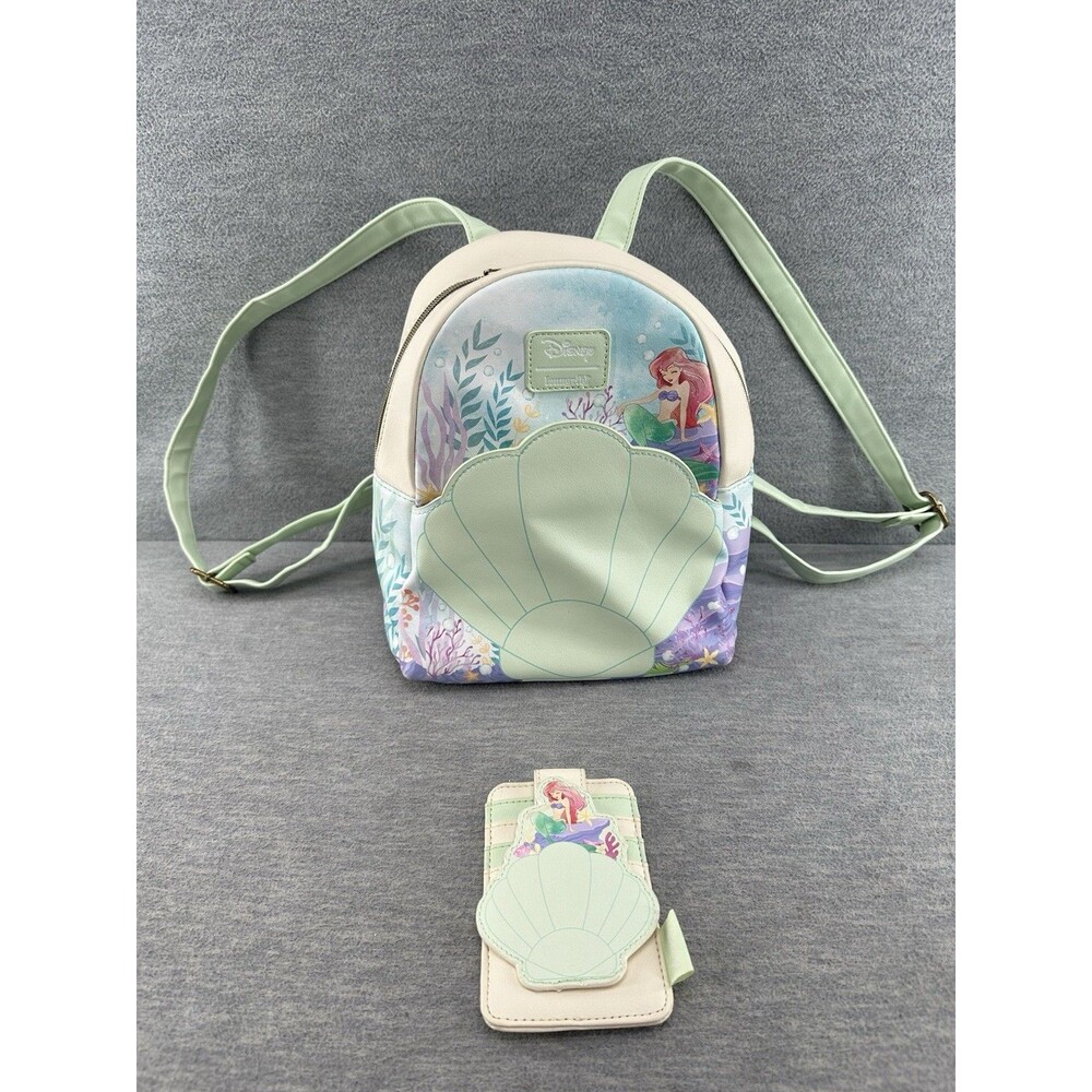 LOUNGEFLY Disney Little Mermaid Shell Mini BackPack & Cardholder PU4
